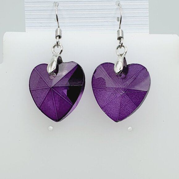 Elegant Purple Crystal Heart Dangle Earrings, AZFA1183 - Picture 1 of 9